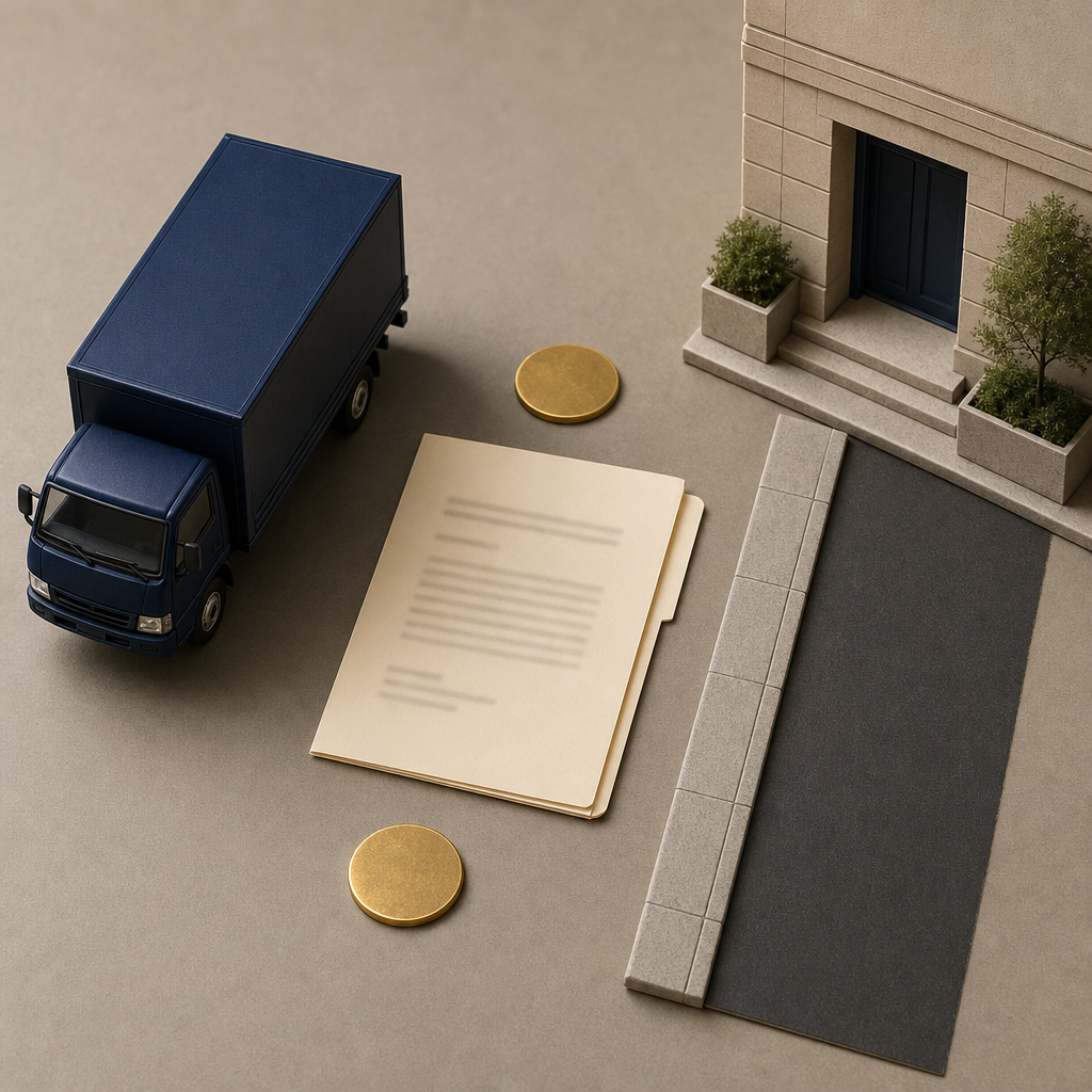 Text-free object diagram showing a moving truck, curb space, permit folder and building entrance for San Jose move planning.