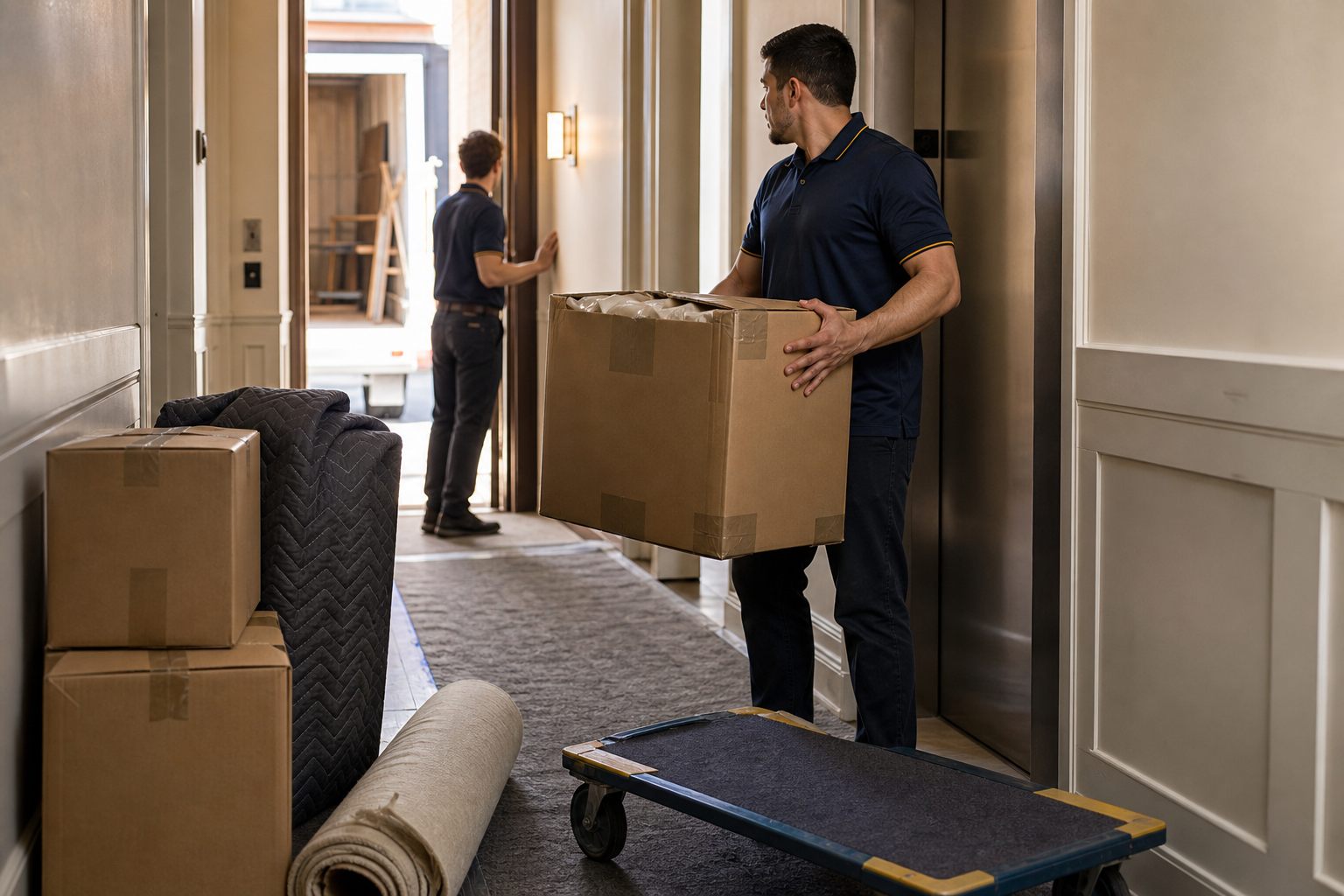 Mover holding a cushioned fragile box in an apartment corridor before loading.