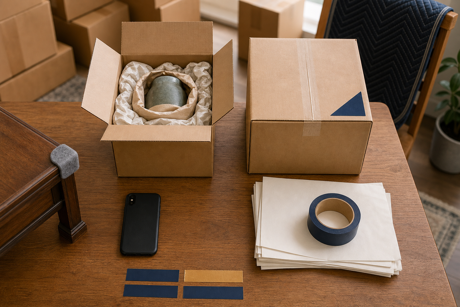 Text-free checklist-style arrangement of packed fragile items, tape, paper and a phone for move preparation.