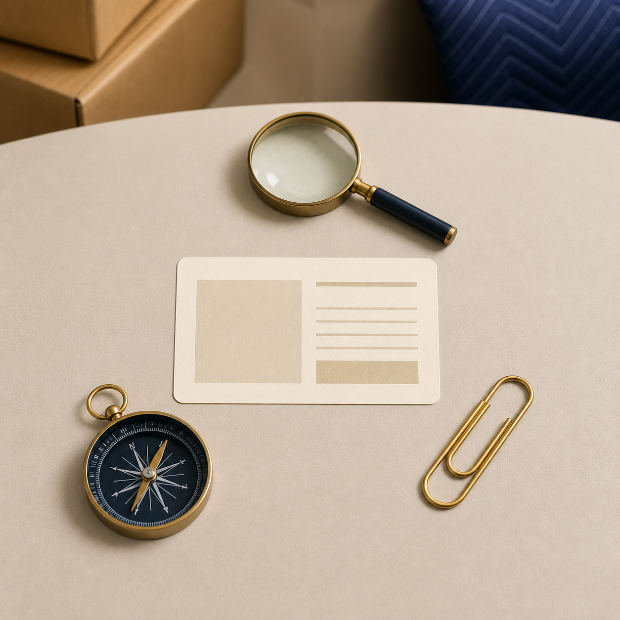 Text-free object diagram showing a central idea card balanced by a magnifying glass, compass, and gold paperclip.