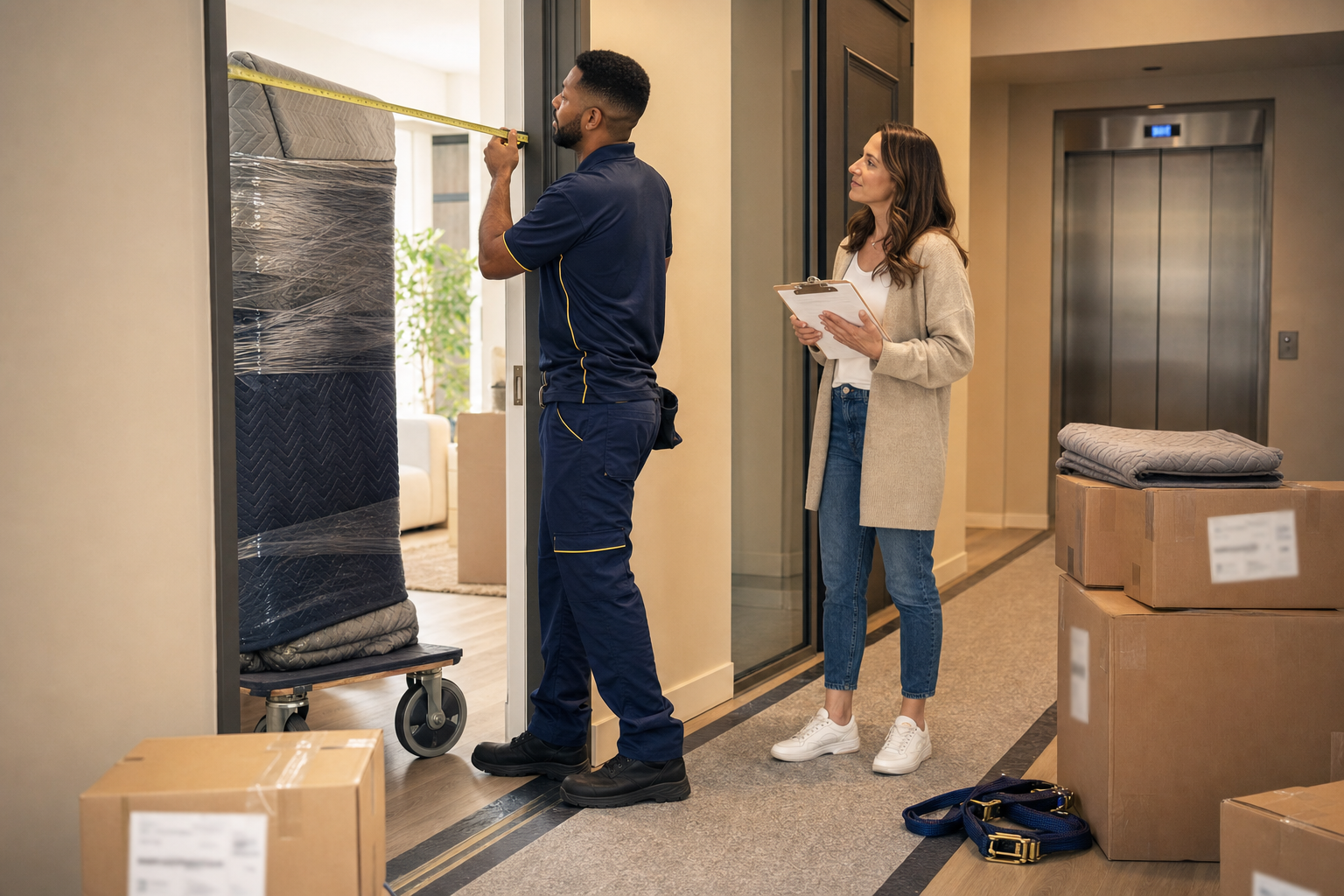 Mover checking apartment doorway access while a client holds handoff notes for a long-distance delivery.