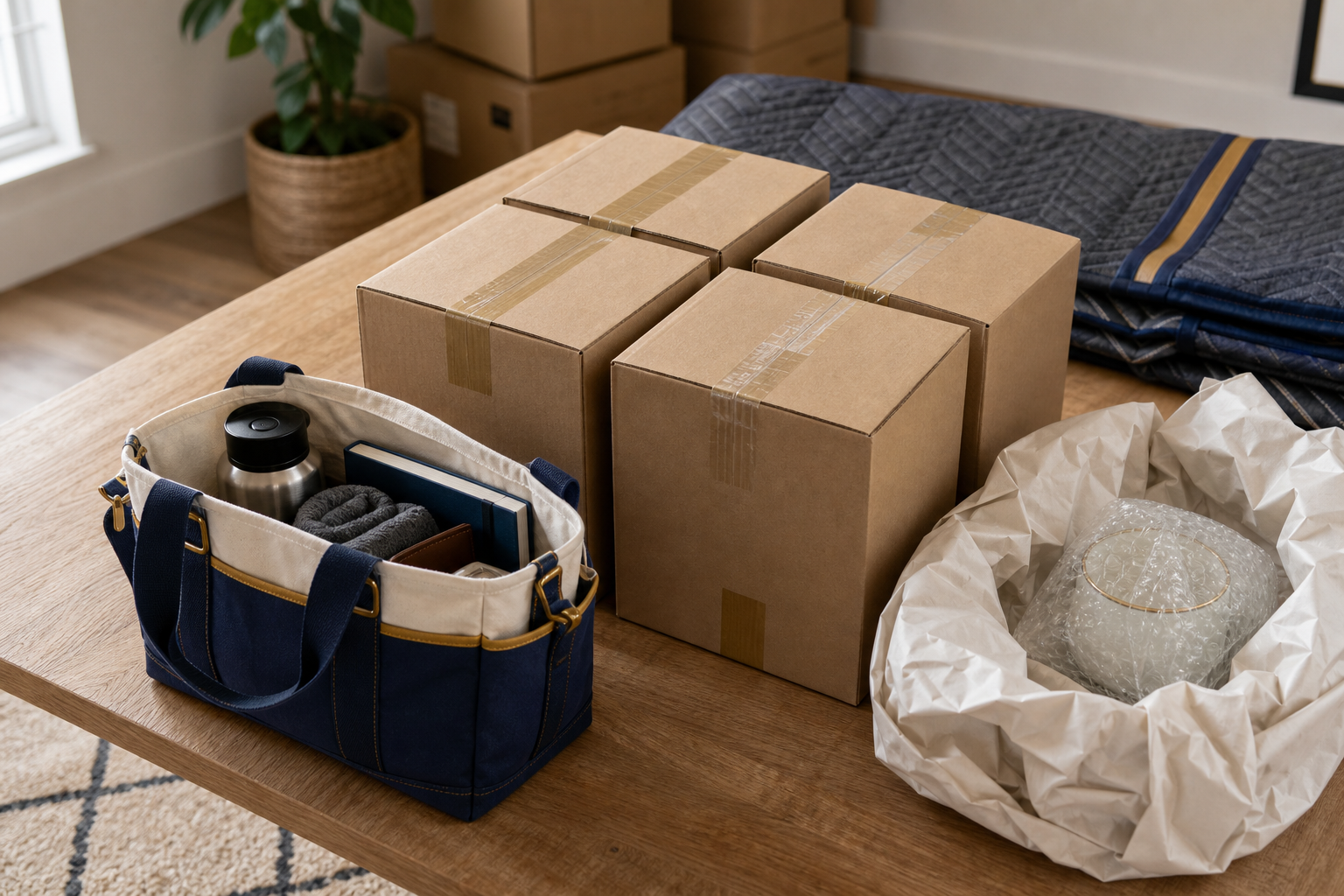 Text-free moving storage diagram with an essentials tote, sealed boxes, and a protected fragile item.