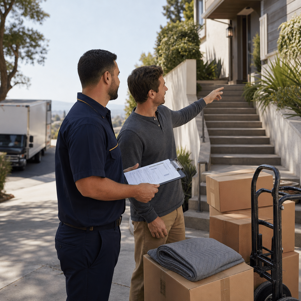 Mover and homeowner reviewing driveway, stairs and entry access outside a hillside Marin home.