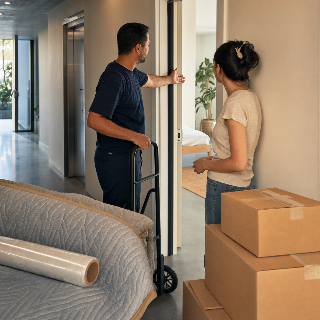 Mover checks apartment hallway access beside packed boxes and a hand truck during a small move.