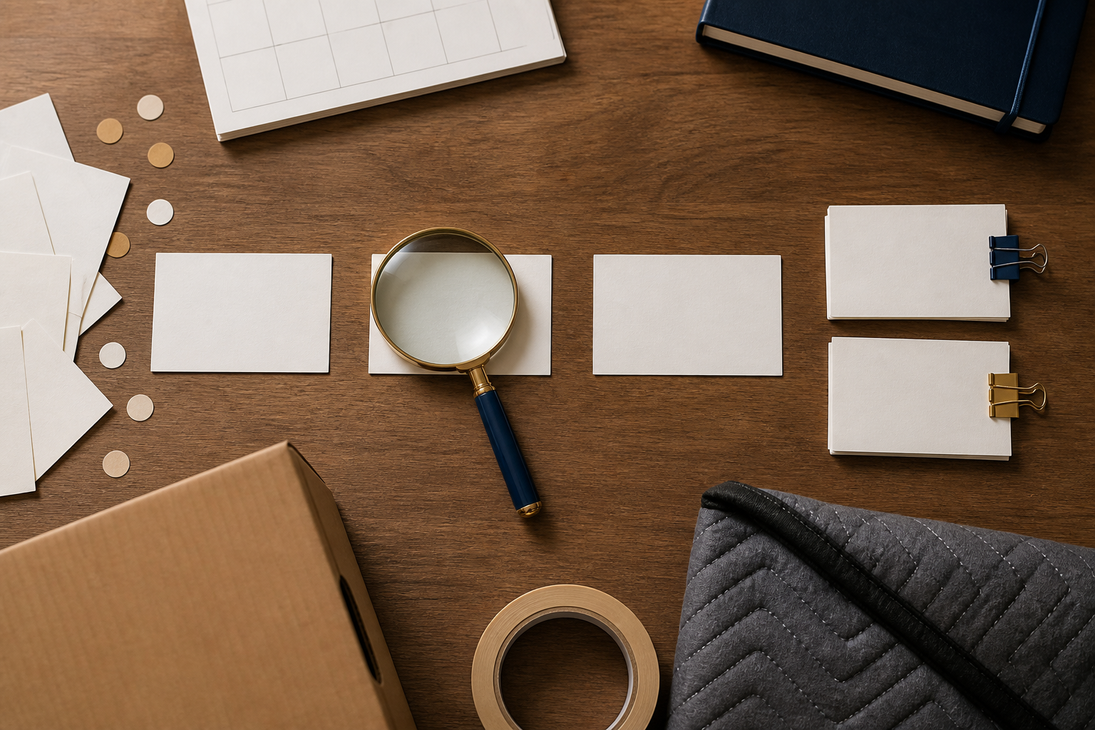 Text-free desk diagram showing blank cards moving from scattered ideas into organized topic clusters.
