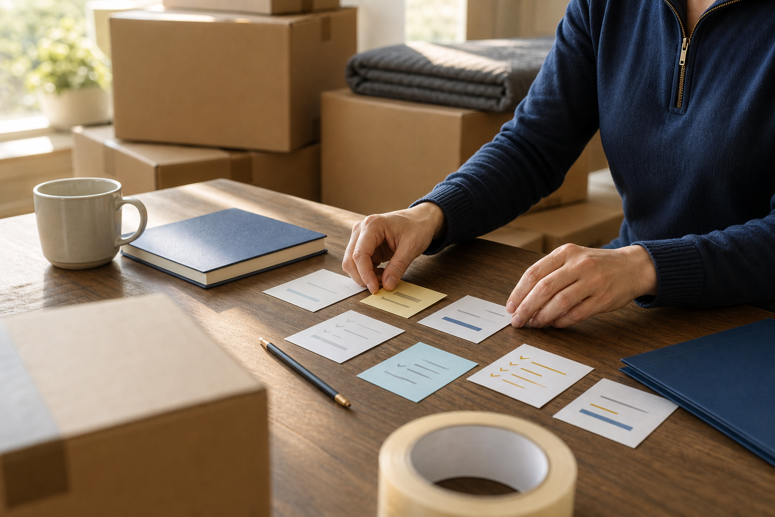 Hands sorting content idea cards on a desk with moving boxes in the background.