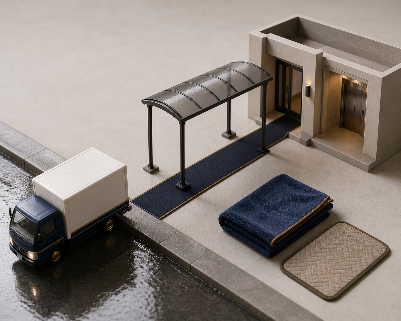 Text-free diagram showing a moving truck, covered path, floor runner, and condo entry for a rainy apartment move.