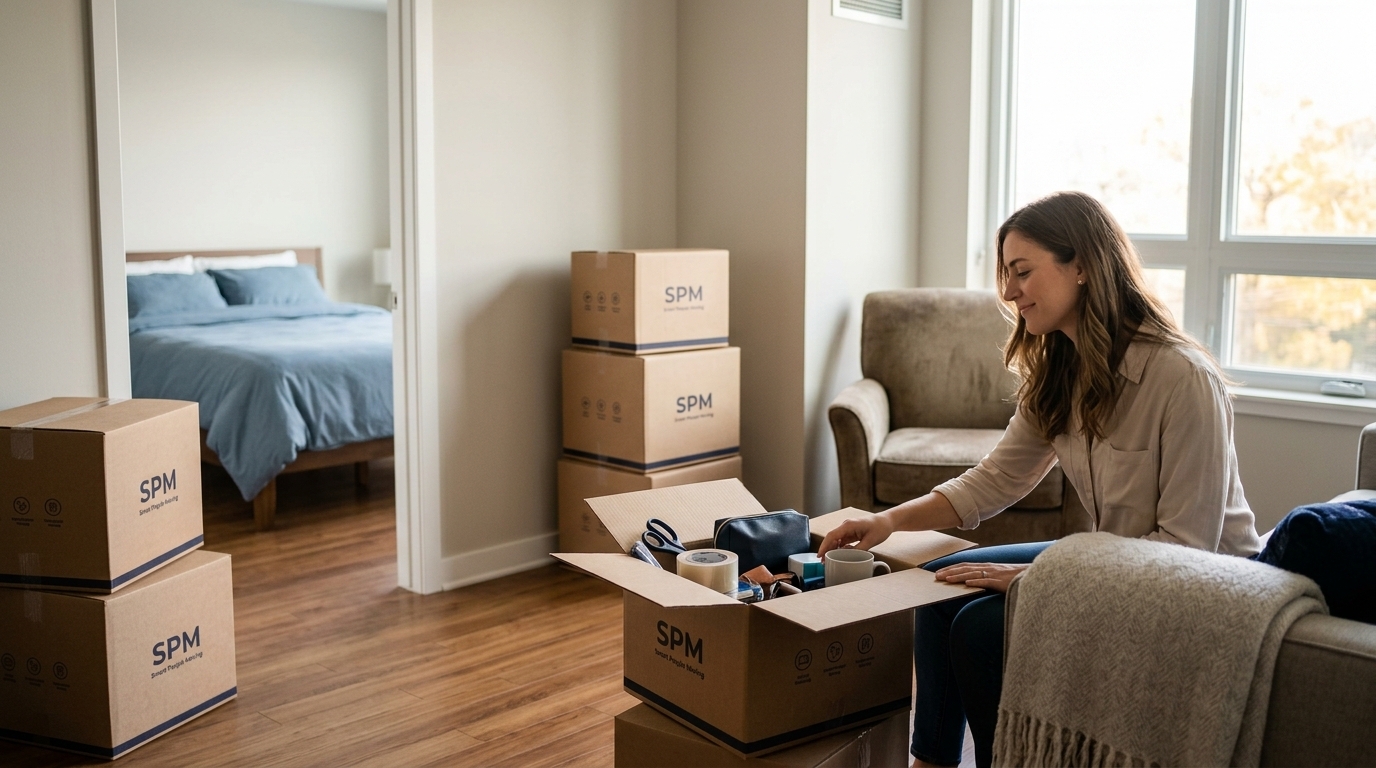 Essentials box and moving boxes in a newly moved-in apartment during quick setup