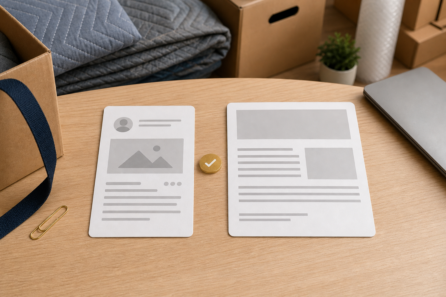 Two document cards on a desk illustrate choosing BlogPosting or Article schema by page fit.