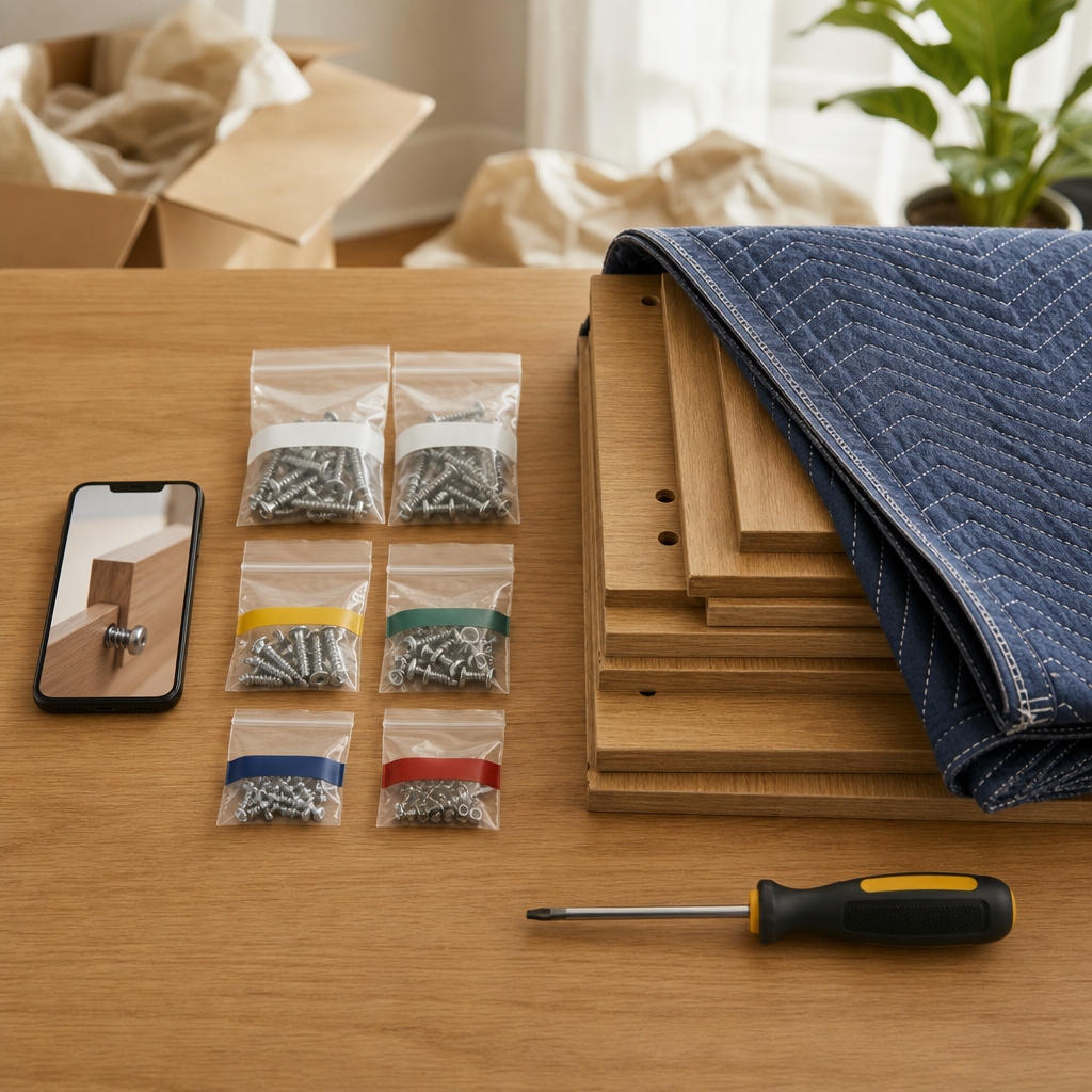 Text-free tabletop diagram with a phone, hardware bags, protected panels, and a tool for furniture reassembly prep.