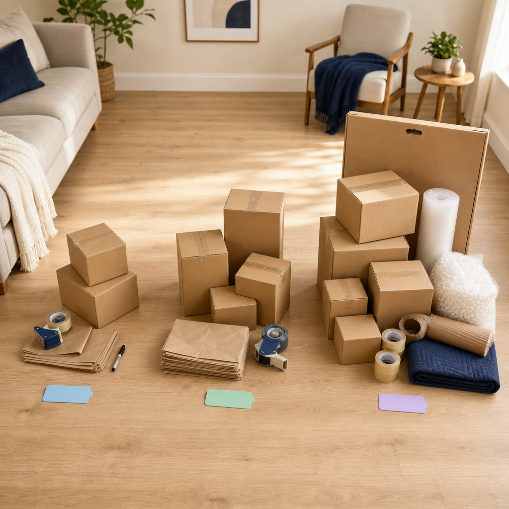 Three organized groups of moving supplies showing how box types can vary by home size.