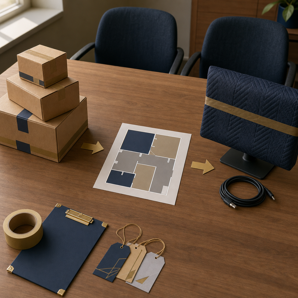 Text-free office move planning diagram with boxes, a floor plan, and equipment arranged in phases.