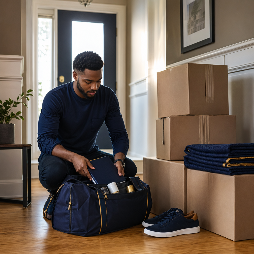 Moving boxes and essentials bag prepared near a home entryway