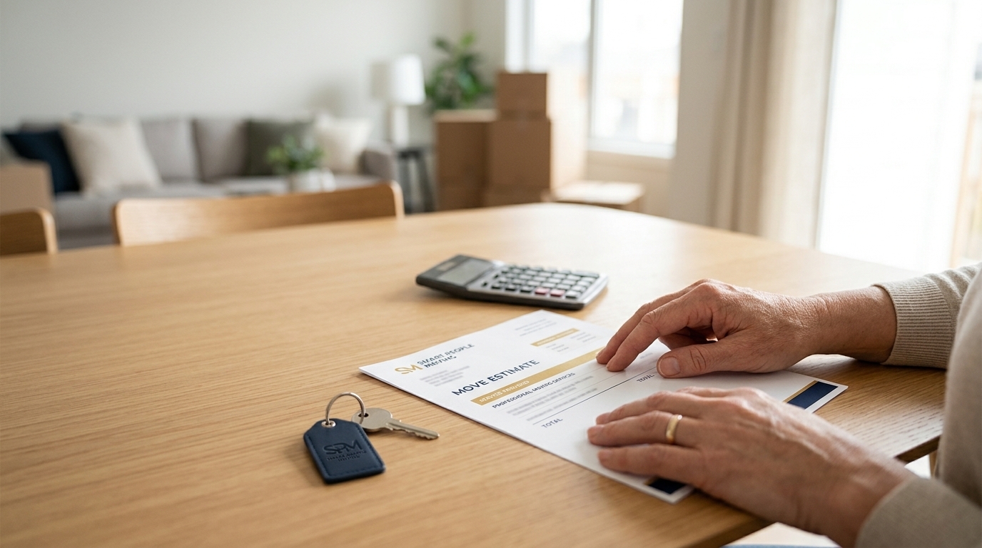 Hands reviewing a moving quote with a calculator and house key on a table