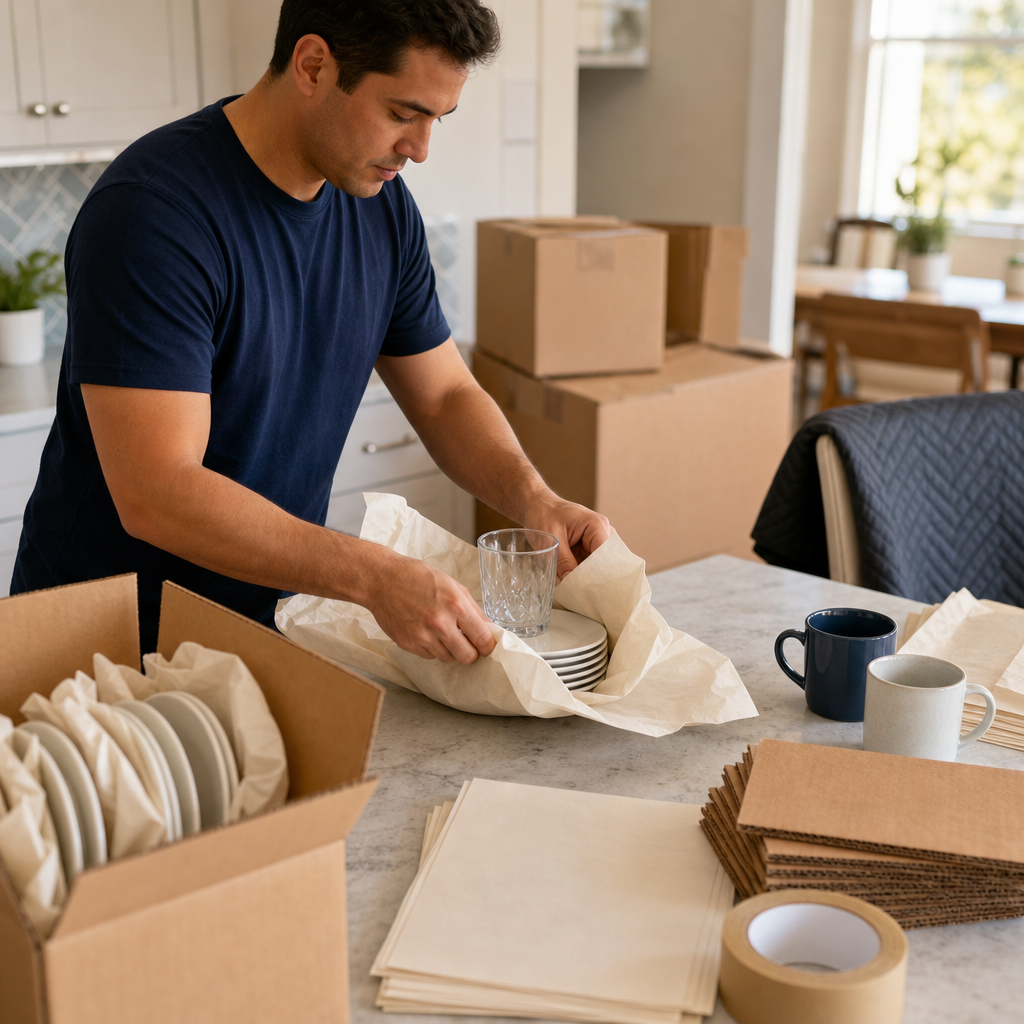 Mover wrapping plates and glassware at a kitchen counter with boxes, paper, tape, and dividers.