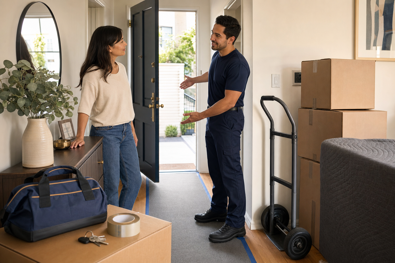 Client and mover reviewing apartment entry access with boxes, floor protection, and essentials bag before move day.