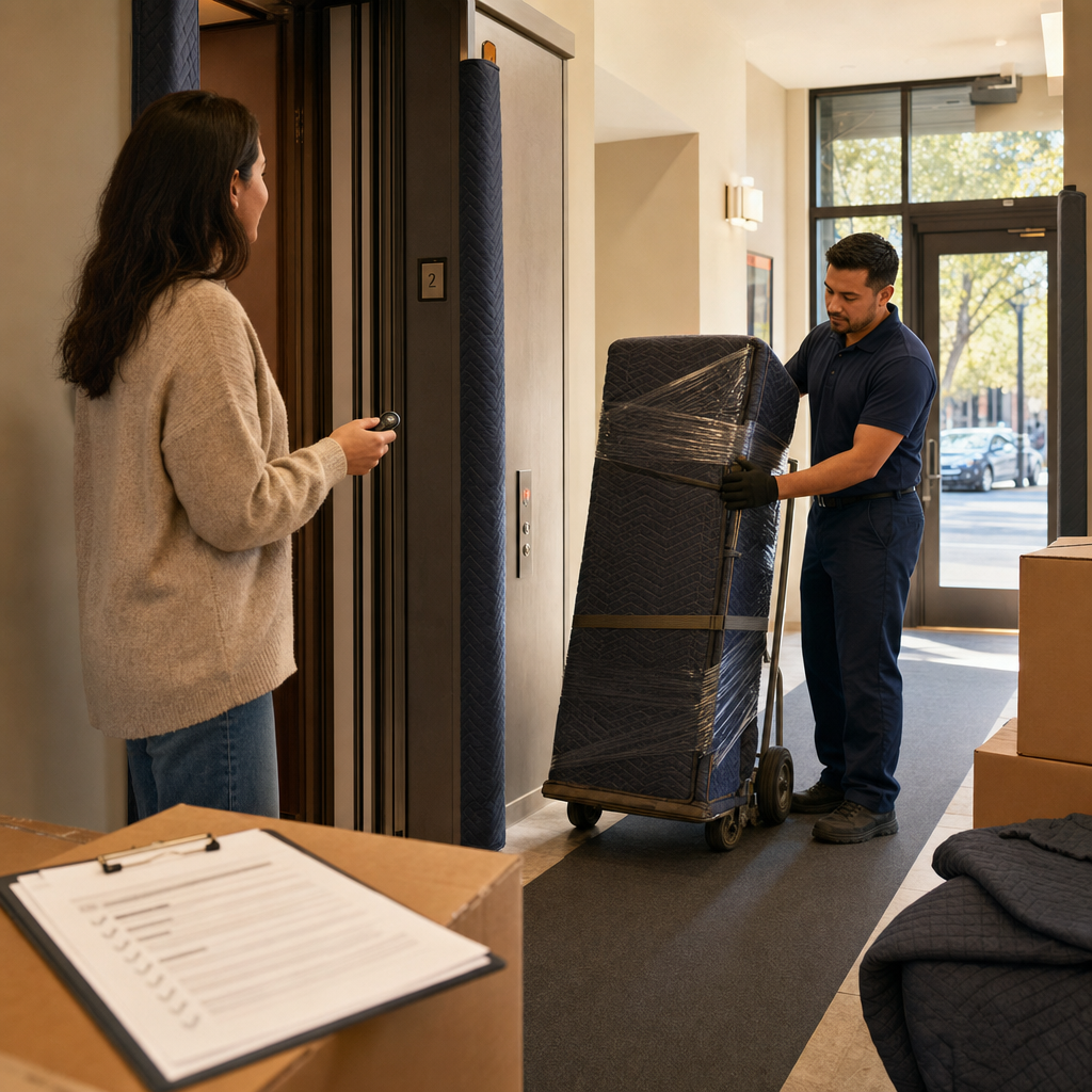 Mover and resident checking elevator access in an East Bay apartment lobby before move day.