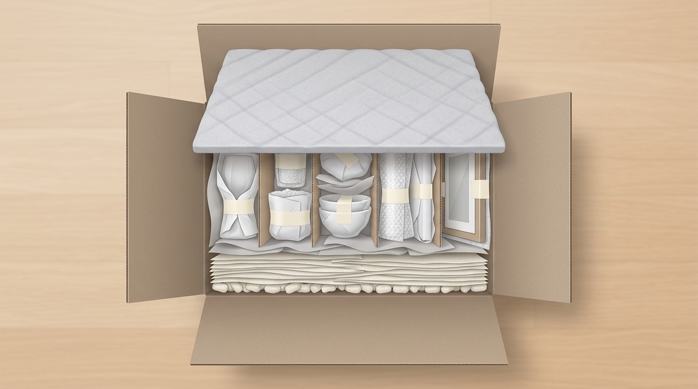 Open moving box showing bottom cushioning, wrapped items separated by padding, and top cushioning.