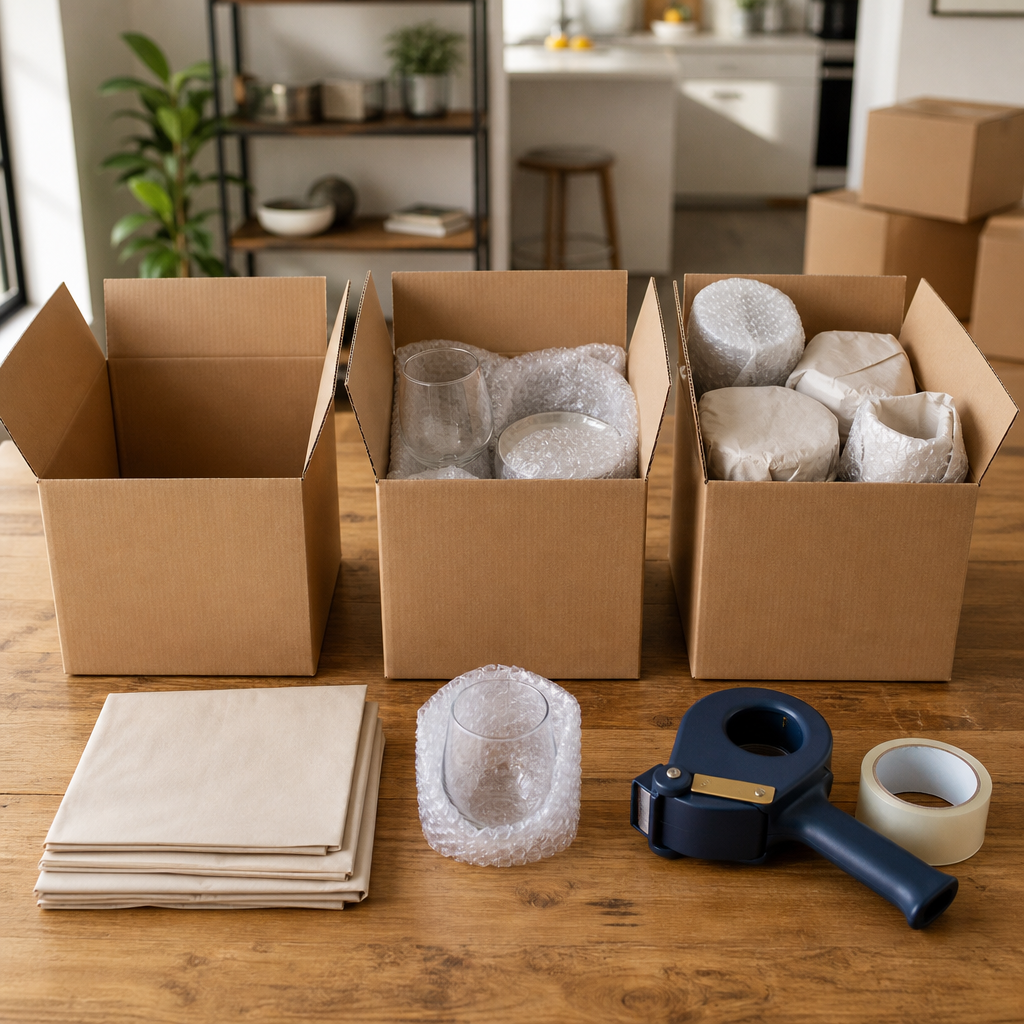 Three moving boxes arranged as a text-free comparison of packing level choices.