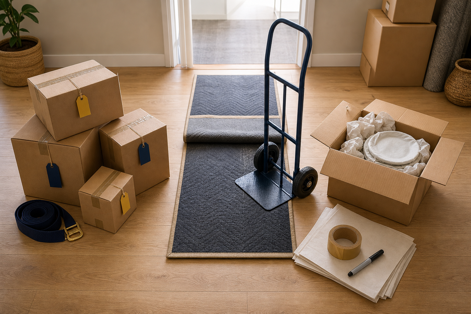 Text-free moving timeline layout showing boxes, access tools, and packing supplies for local move planning.