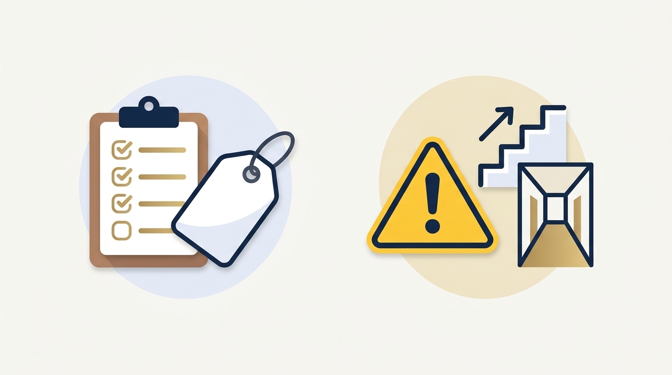 Text-free infographic showing checklist and price tag versus warning icons for stairs and long carry