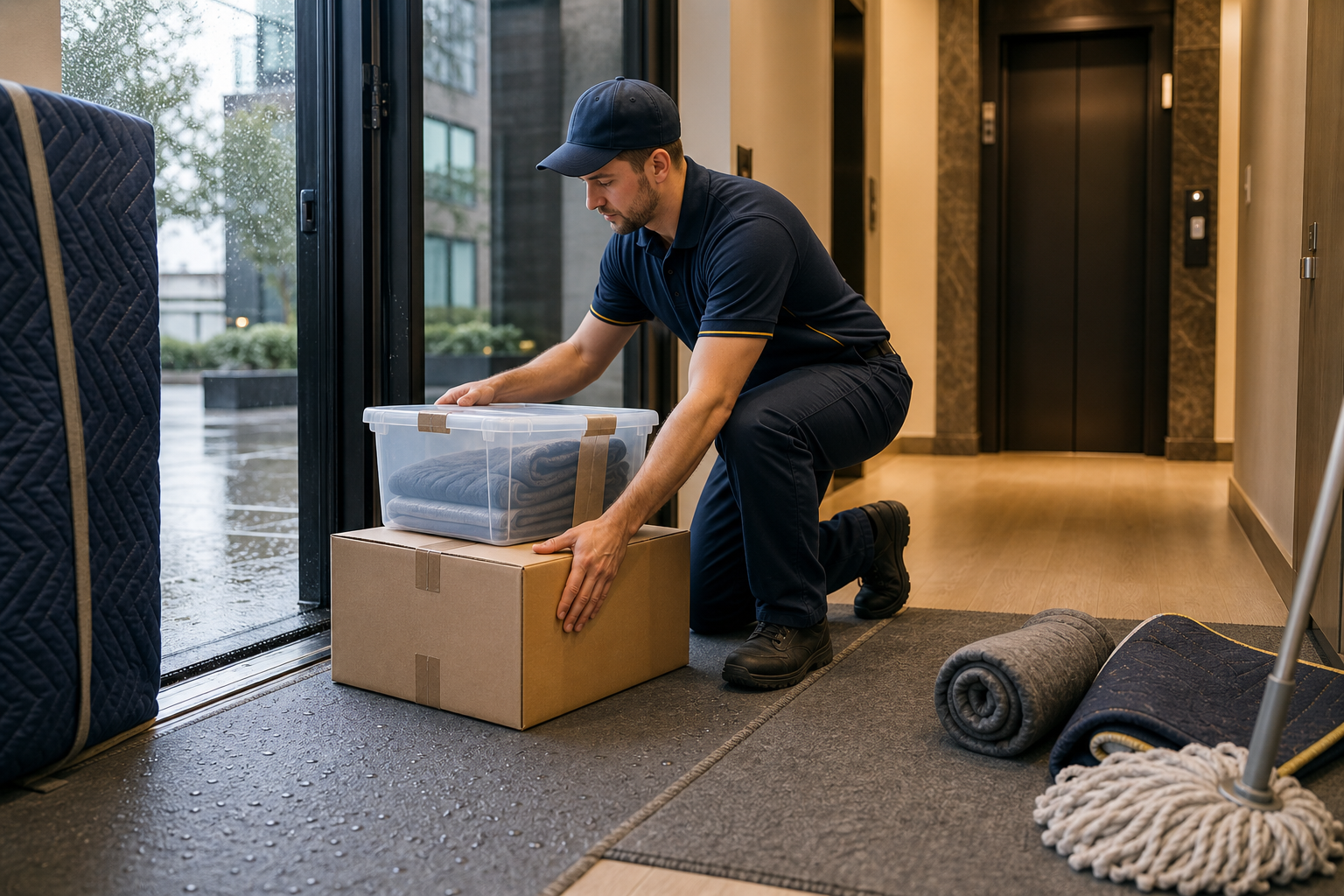 Mover places sealed boxes and a lidded bin on a protected condo entry floor during a rainy move.