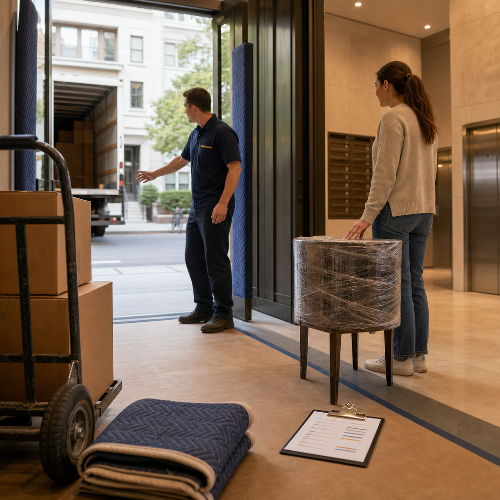Mover checking an apartment entry path with boxes and floor protection before an SF-to-Sacramento move.