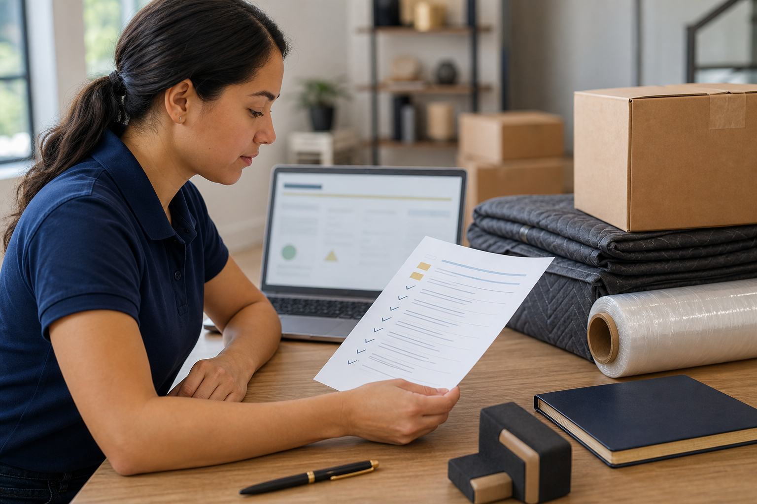 A person reviews an unreadable checklist beside a laptop and organized moving supplies.