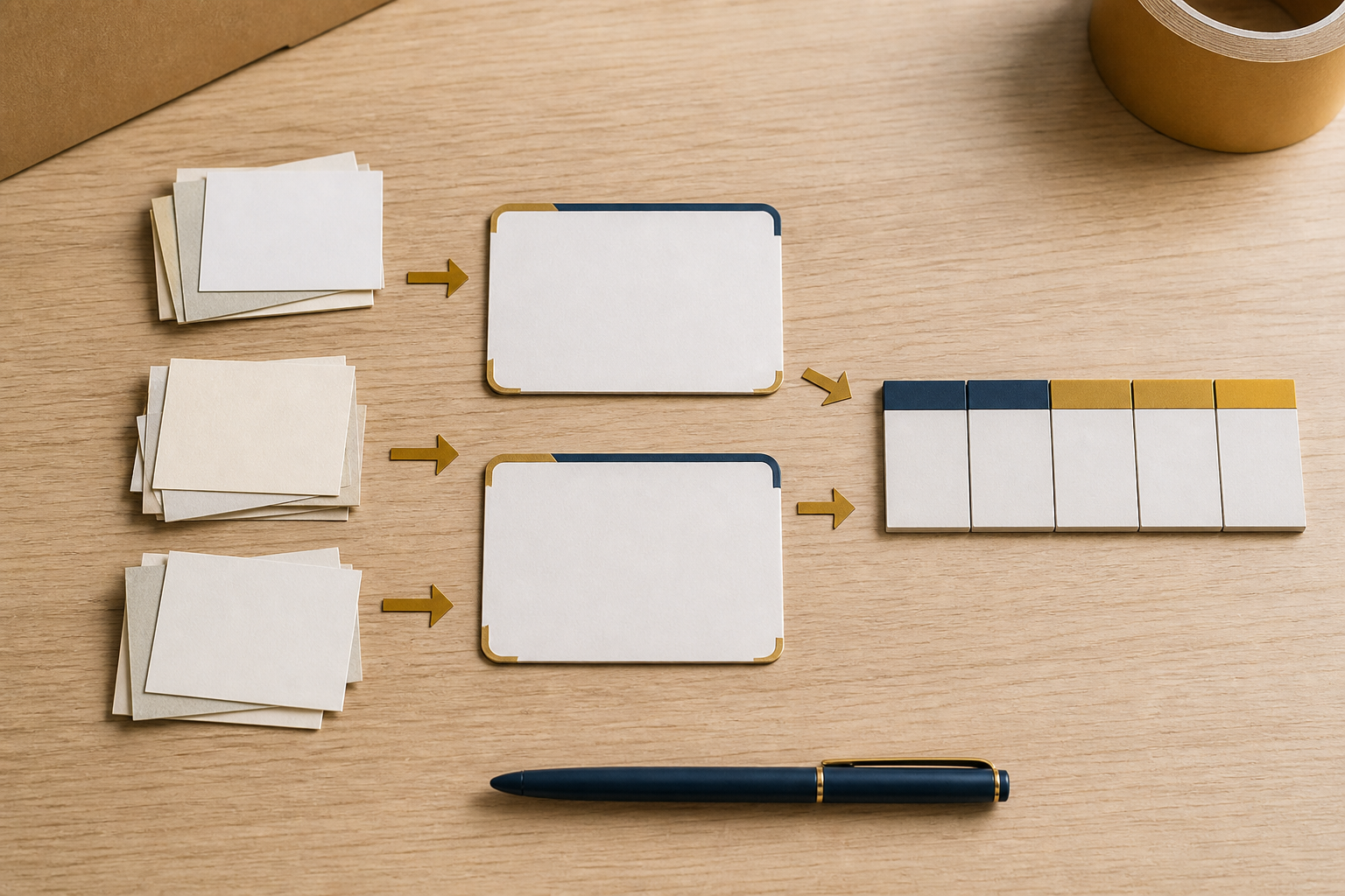 Blank paper cards arranged from small question groups into larger topic cards and calendar blocks.