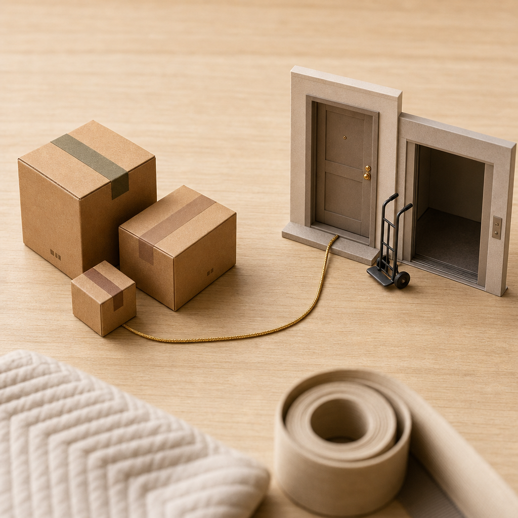 Client and mover review non-readable moving paperwork and estimate details beside packed boxes.