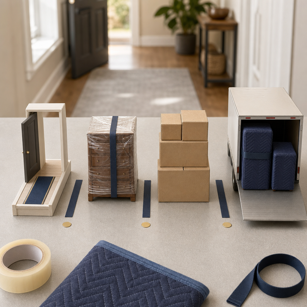 Text-free moving checklist diagram showing access, heavy items, boxes, and truck loading order.