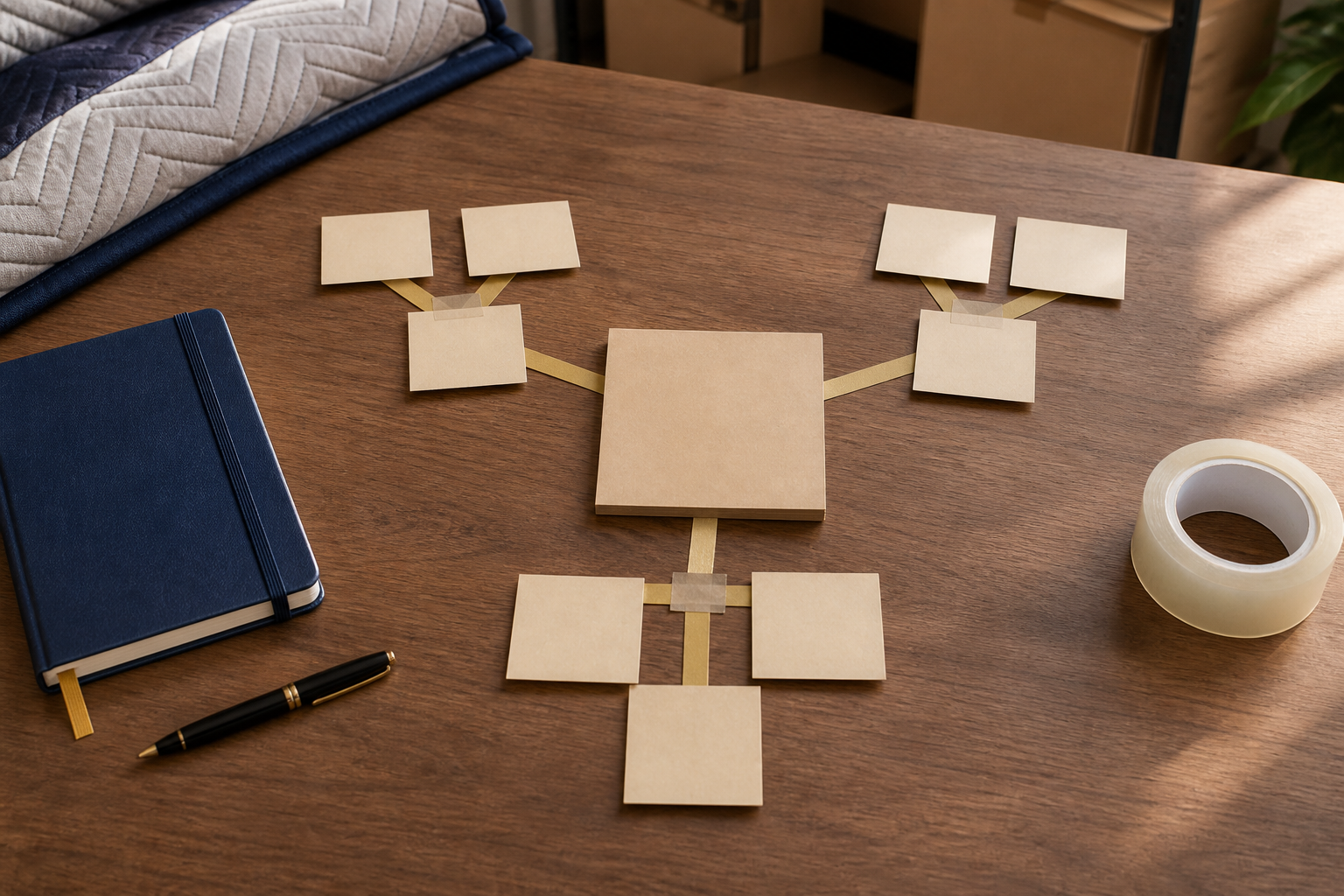 Blank sticky notes arranged into topic clusters on a planning desk.