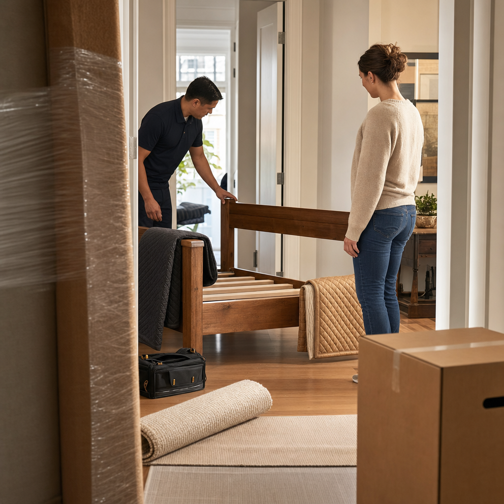 Mover checking a partially disassembled bed frame near a tight apartment doorway before moving it.