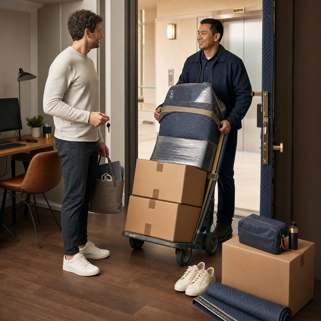 Resident and mover coordinate apartment move-day access with essentials and home office items kept separate.