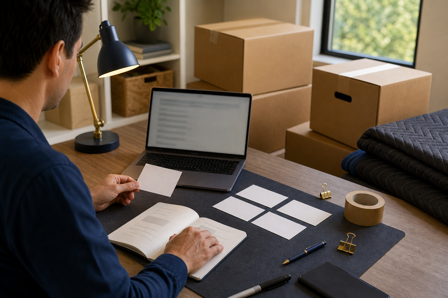 Hands sorting blank question cards beside a laptop, notebook, and moving boxes in a calm workspace.