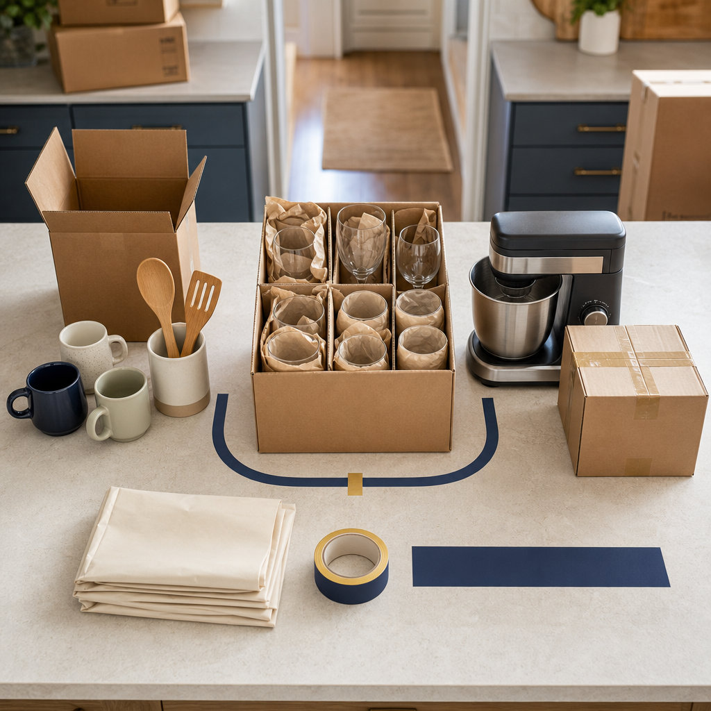 Text-free kitchen packing diagram showing simple items, fragile glassware, and a heavy appliance grouped by packing difficulty.