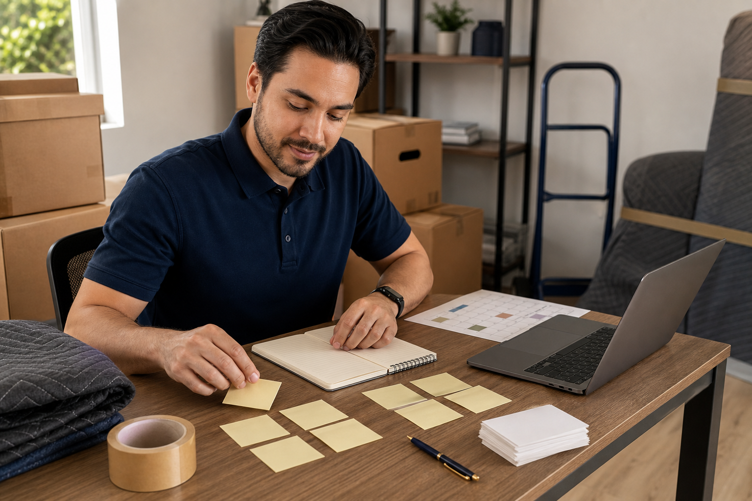 Writer organizing blank notes, a notebook, and planning materials on a tidy desk with moving boxes nearby.