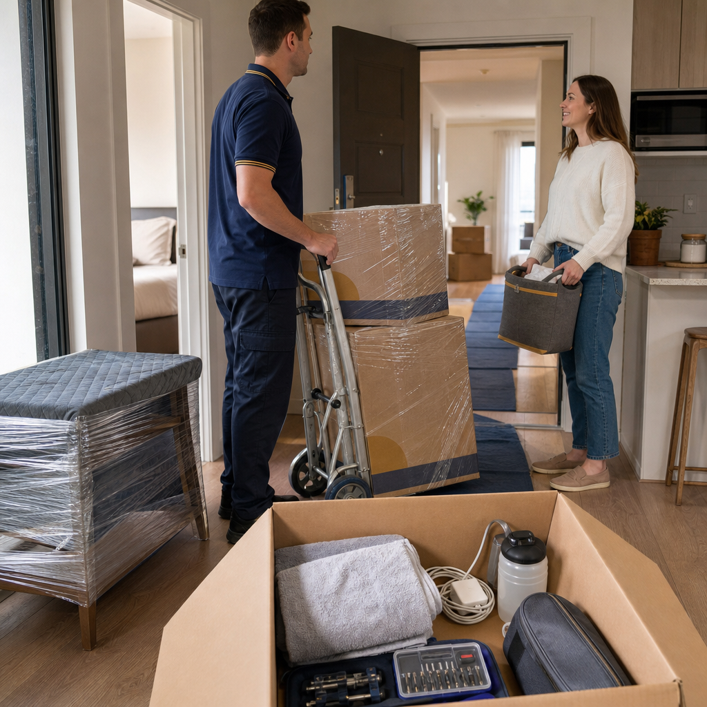 Mover and client in an apartment entryway with protected floors, wrapped boxes, and an open essentials box.