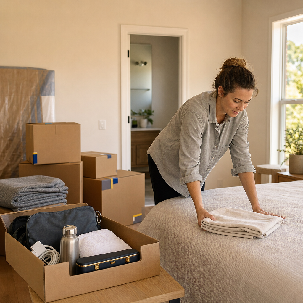 Open essentials box with bedding, towel, charger, and moving boxes in a calm bedroom setup.