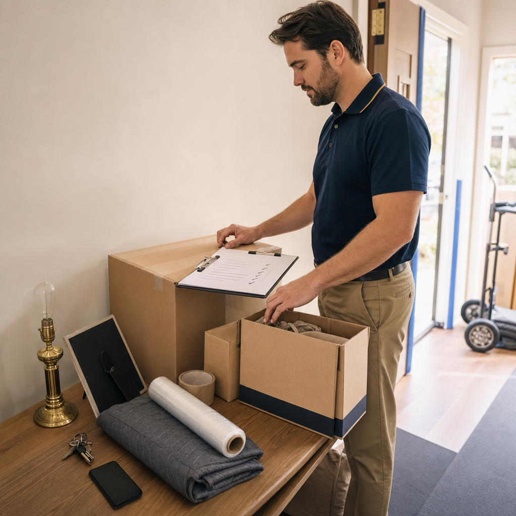 Client organizing boxes, access notes, and packing items for a last-minute move request.