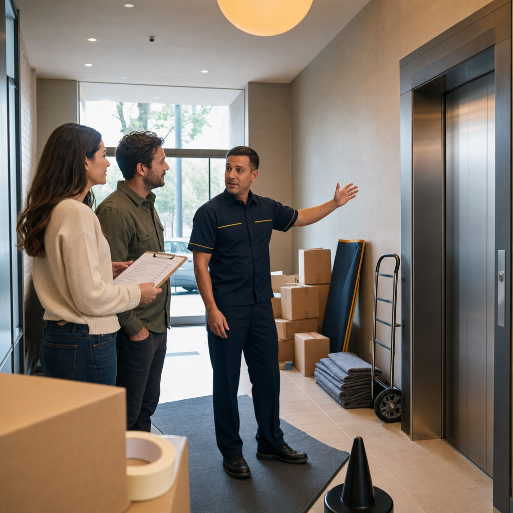 Couple and mover reviewing access details in an apartment lobby before booking a move