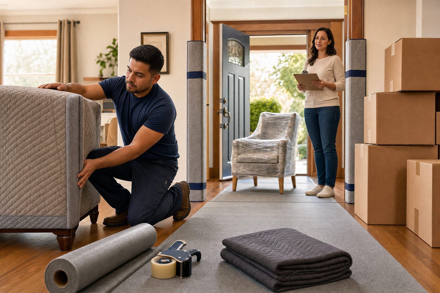 Mover checks protected furniture near a doorway with floor runners and boxes arranged away from the path.