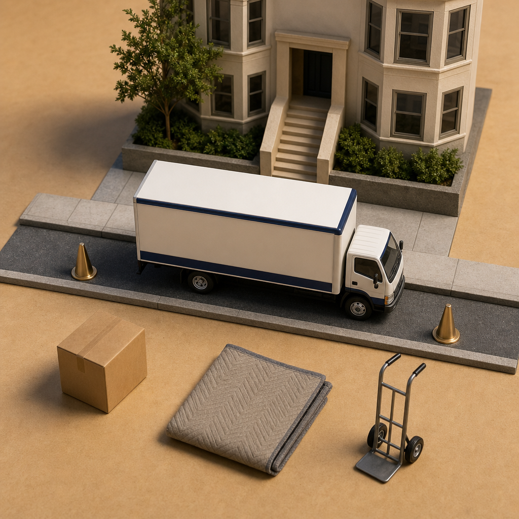 Text-free object diagram showing a moving truck model beside marked curb space for San Francisco moving planning.