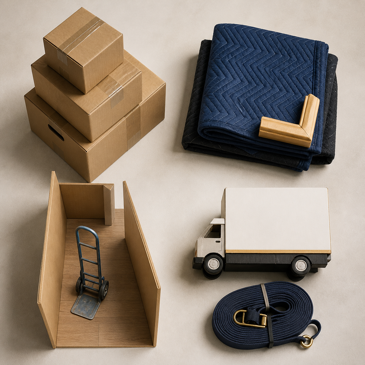 Text-free moving quote scope diagram using boxes, padding, access props, and truck objects.