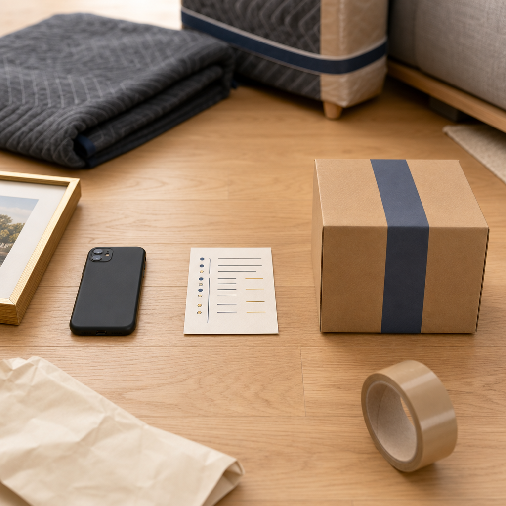 Text-free moving documentation setup with phone, inventory card, and sealed box